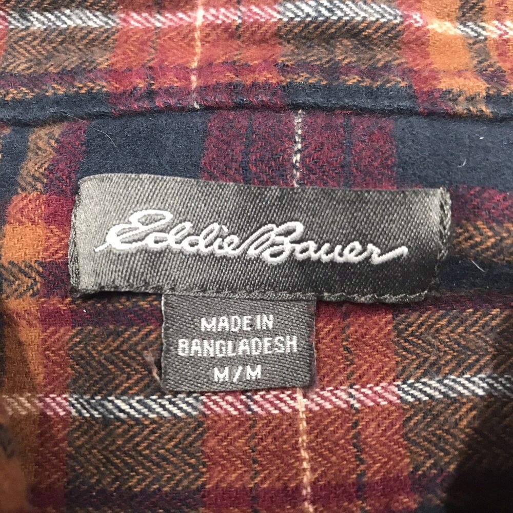 EDDIE BAUER Flannel Shirt Men M Ocher Cranberry Plaid Outdoor Autumn Grunge Gorp - Picture 14 of 16